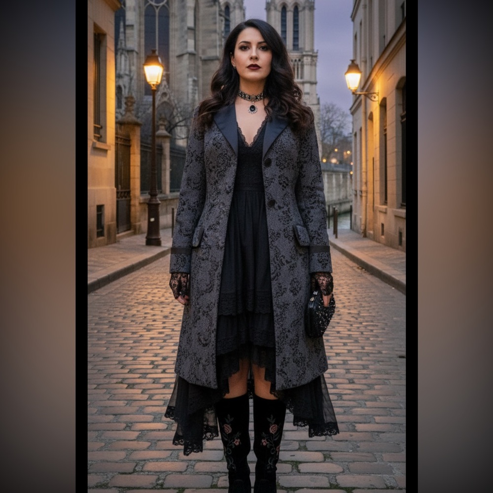 Nine West Whimsy Goth Floral Brocade Coat Jacket Black Velvet Flocked Vampire